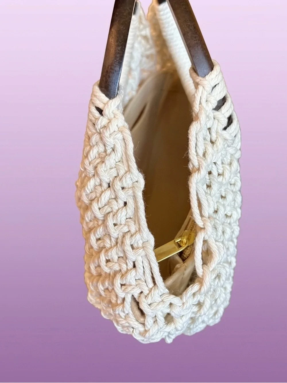 Handmade Macramé Tote with Dark Wood Handles & Organizer Insert - Picture 6 of 10